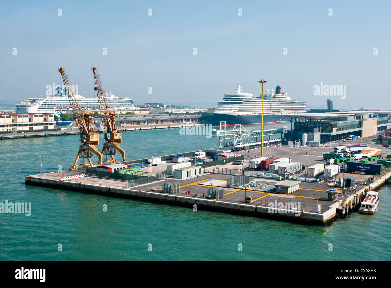 Port of Venice, with Cruise Ships Queen Elizabeth and Norwegian Spire berthed at the Cruise Terminal Stock Photo