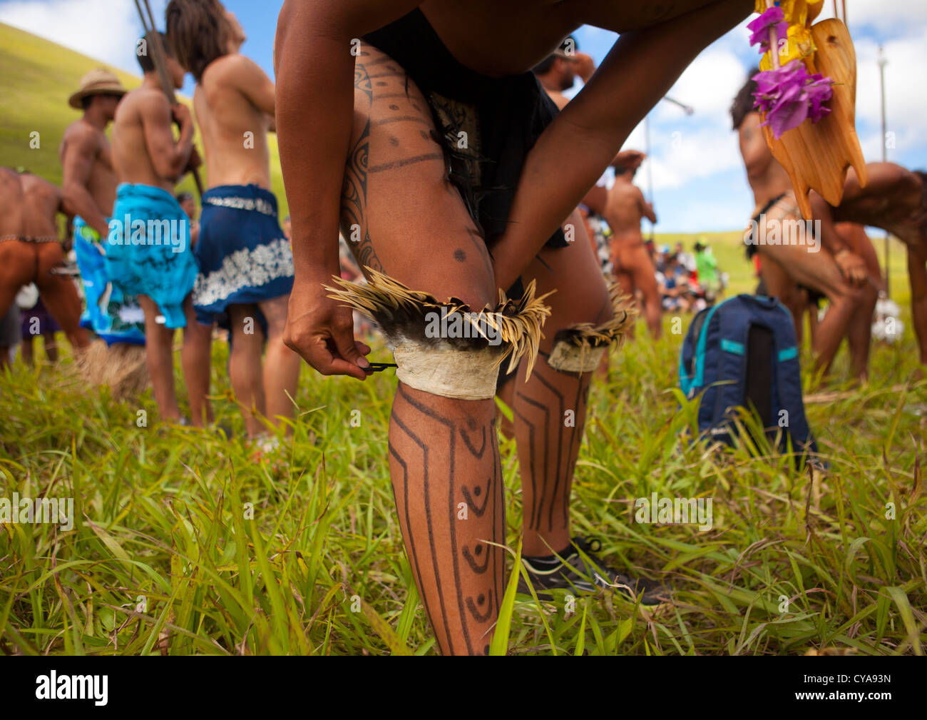 Spear Competition During Tapati Festival, Easter Island, Chile Stock Photo