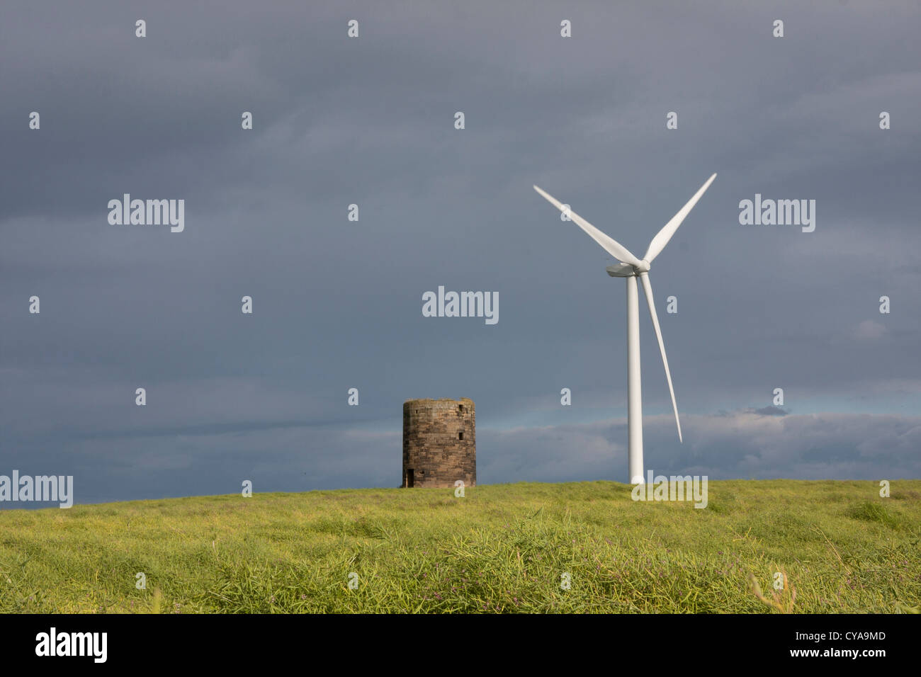 Plessey Mill ruin and wind turbine, Stannington, Northumberland Stock