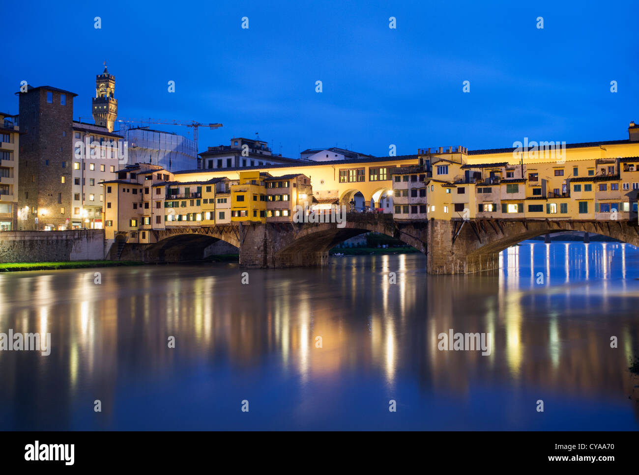 Evening view of historic Ponte Vecchio bridge over Arno River in Florence Italy Stock Photo