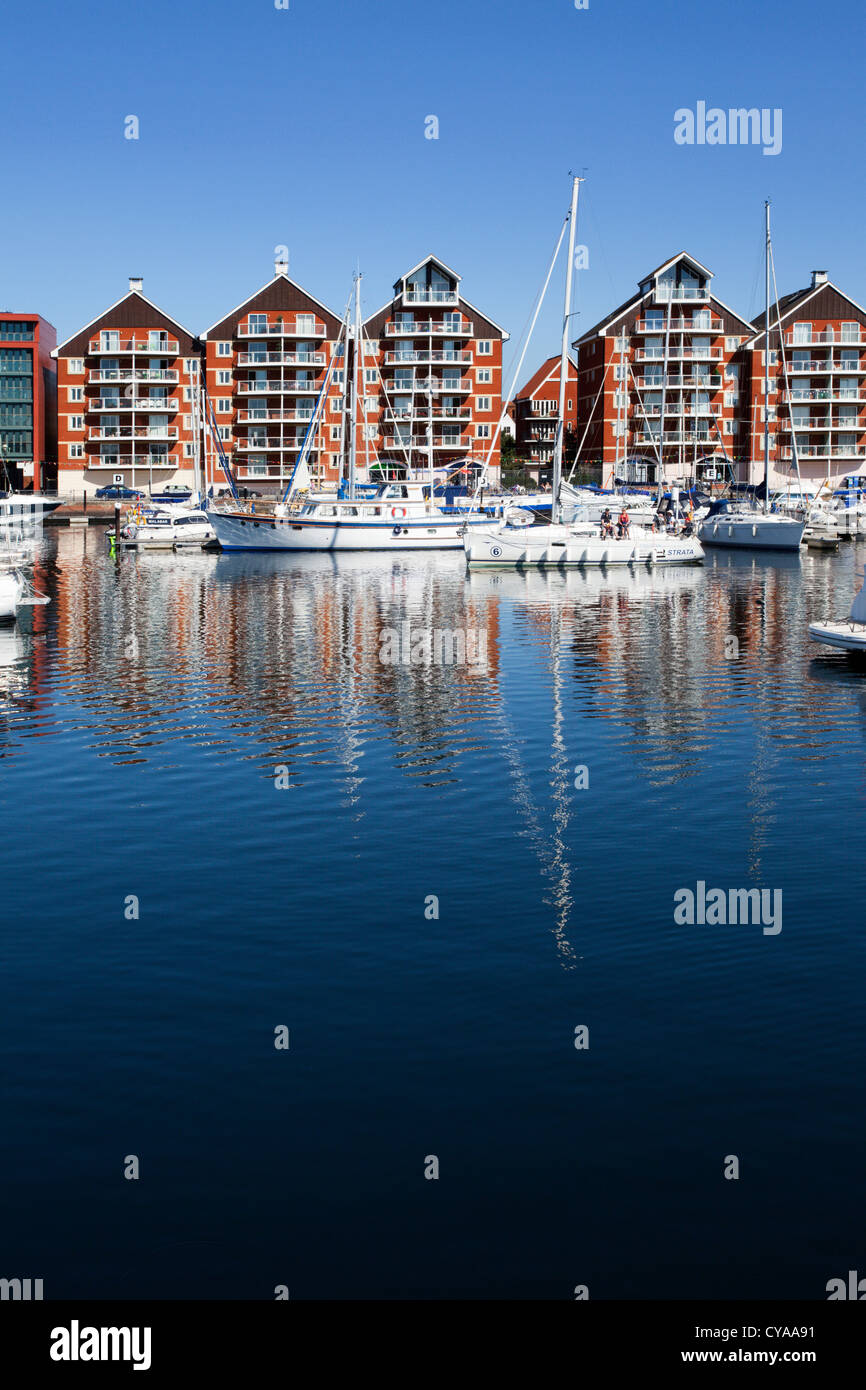 Yachts and Waterside Flats at Ipswich Marina Ipswich Suffolk England Stock Photo