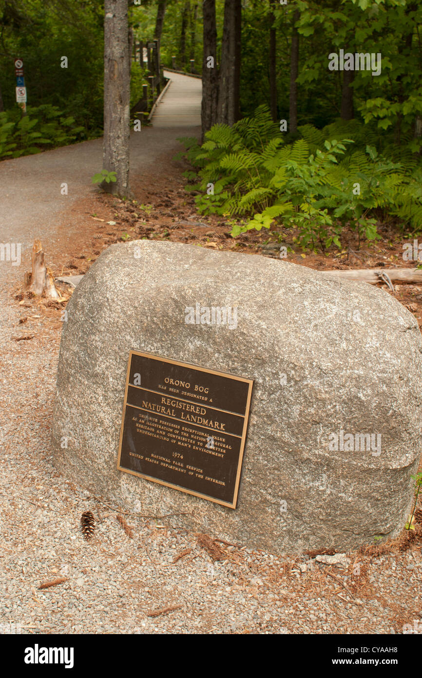 A plaque on a rock in Orono Bog indicates this is a National Registered Landmark by the National Park Service. Stock Photo