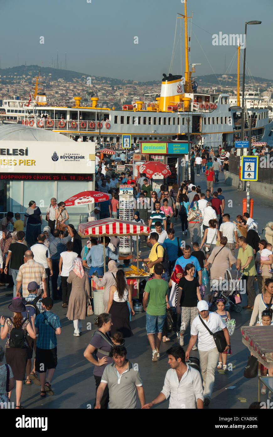 ISTANBUL, TURKEY. The busy waterfront at Eminonu ferry terminal on the Golden Horn. 2012. Stock Photo