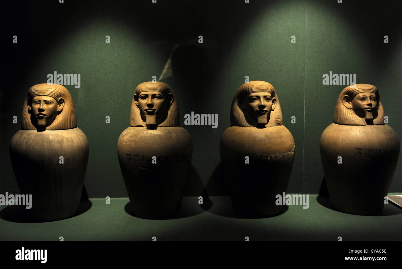 Canopic jars. Tomb 116. Cemetery A. Riqqeh, Egypt.  Middle Kingdom. Limestone. Stock Photo