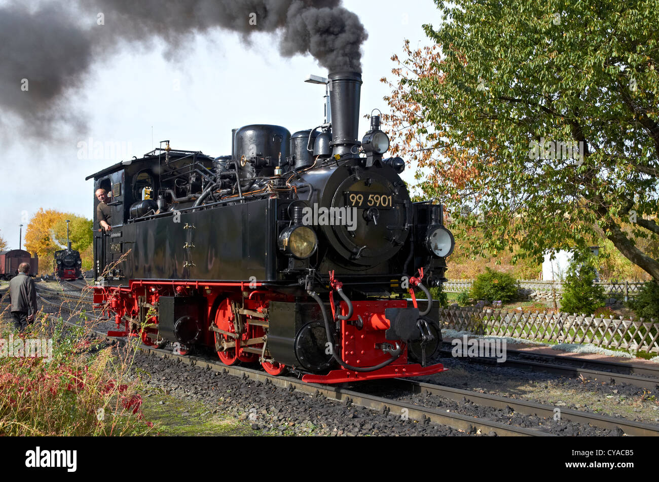 Harzer Schmalspurbahnen heritage steam loco at Gernrode shed on the Selketalbahn line. Mallet 0-4-4-0T tank engine 99 5901. Stock Photo