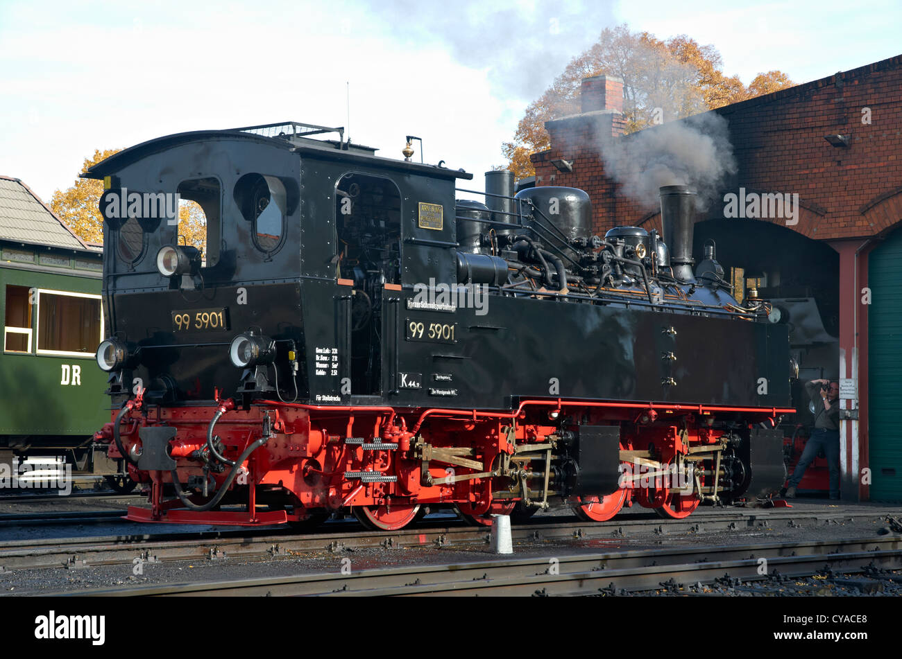 Harzer Schmalspurbahnen heritage steam loco (a Mallet 0-4-4-0T)  stands outside Gernrode shed on the Selketalbahn line. Stock Photo