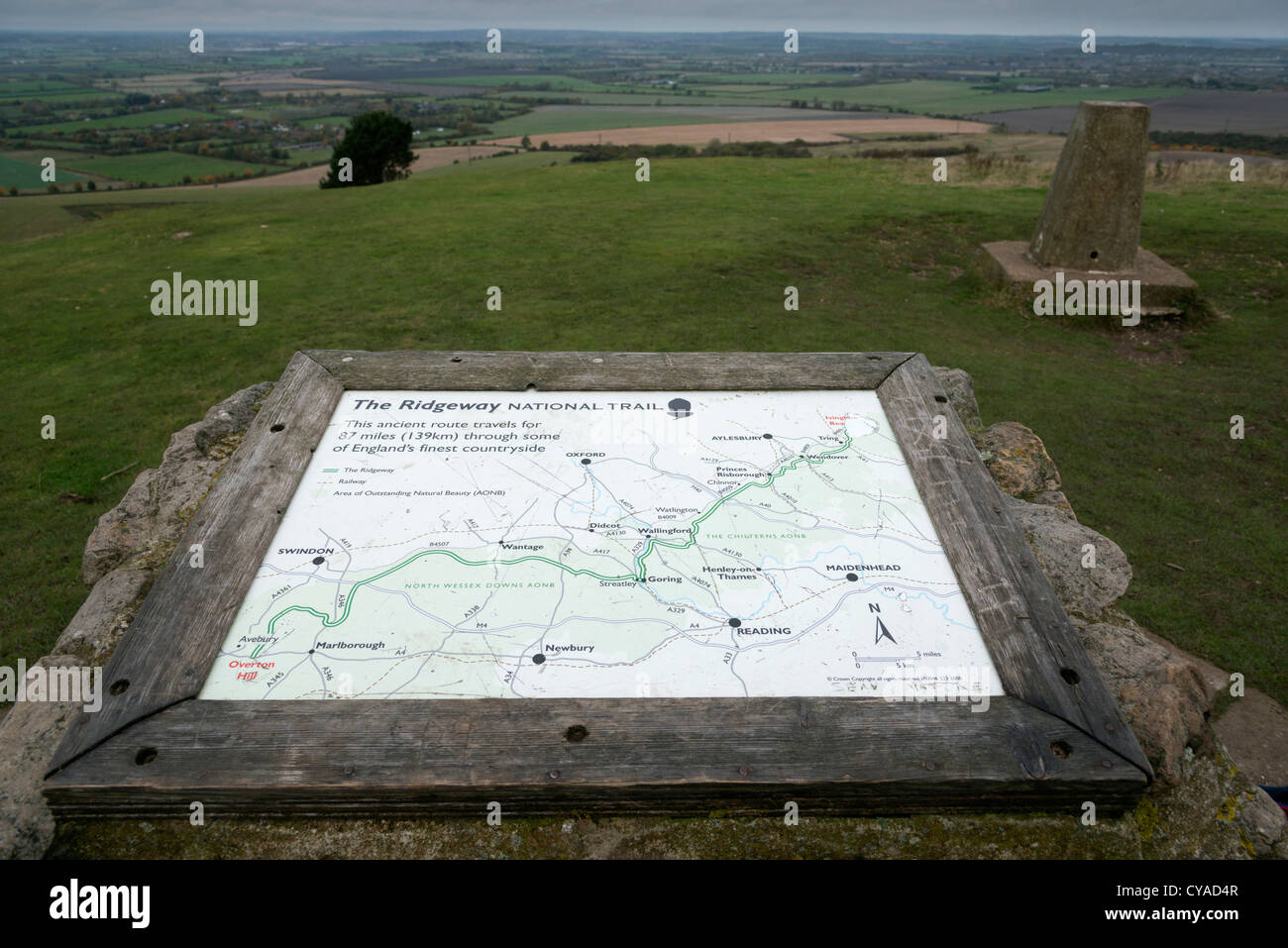 Map and trig point at the summit of Ivinghoe Beacon Chiltern hills Bucks UK Stock Photo