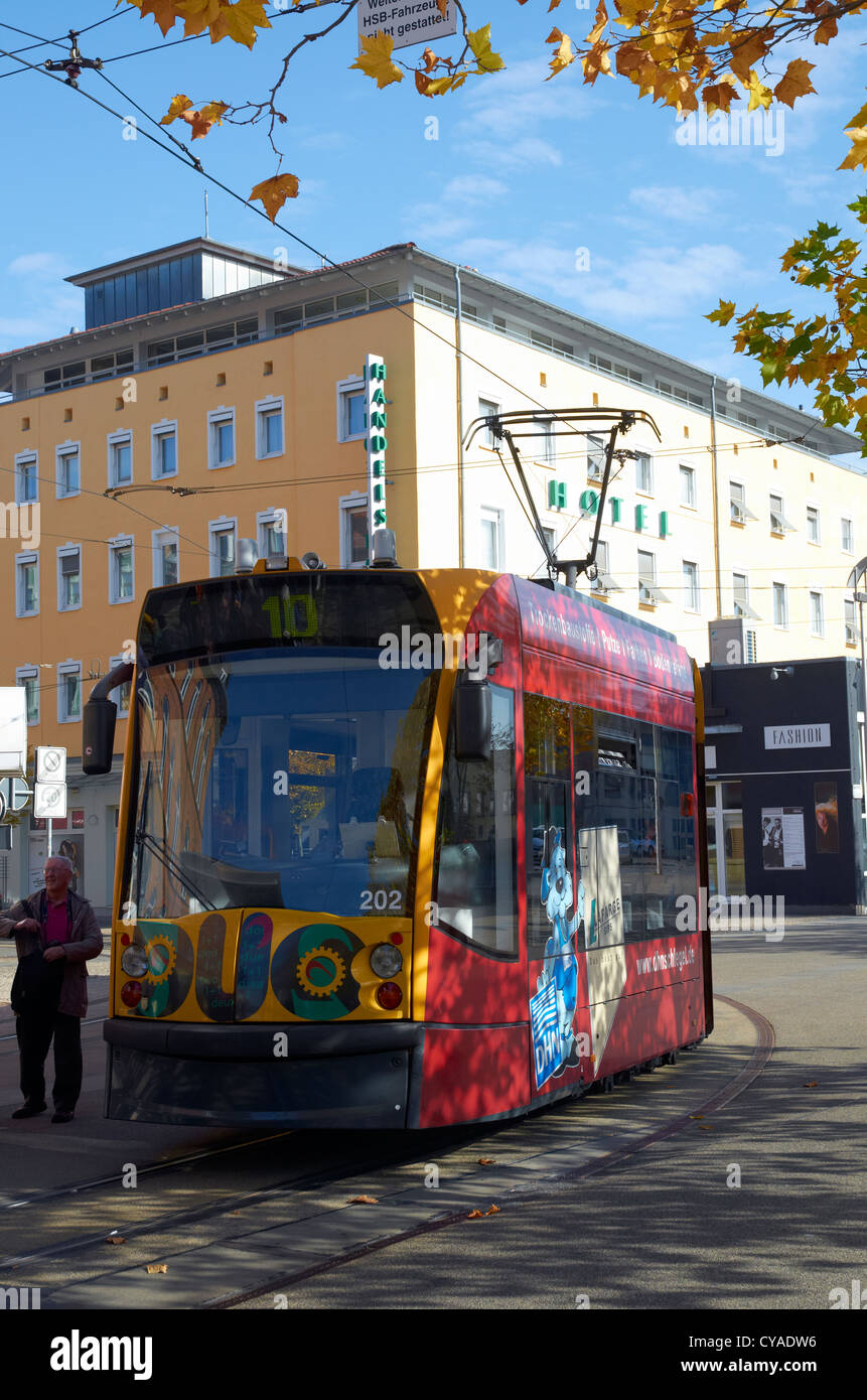 Modern tram car in Nordhausen, SachsenAnhalt Harz Region of Germany