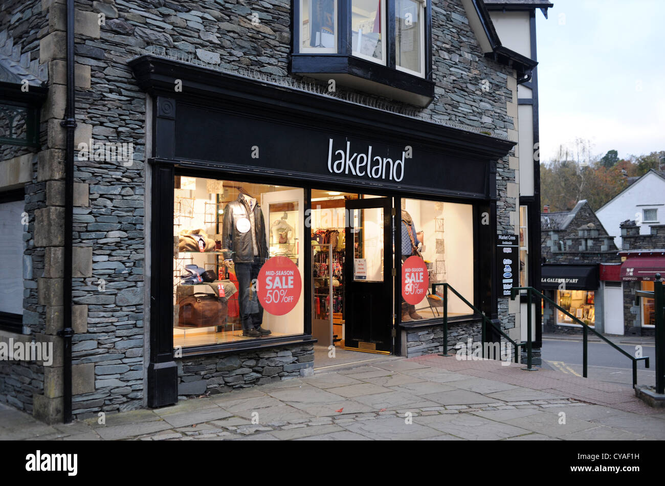 The Lakeland shop in Ambleside Lake District Cumbria UK -  In the window are signs for 50% off offers Stock Photo