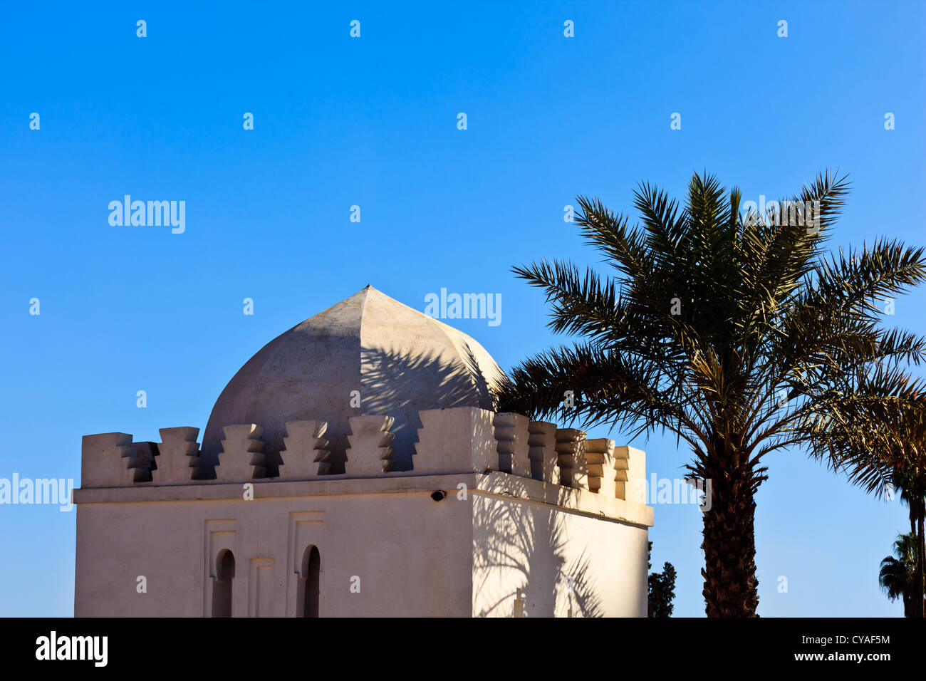 Whitewashed exterior of traditional moorish style domed building framed by a  palm tree in Marrakesh, Morocco. Stock Photo