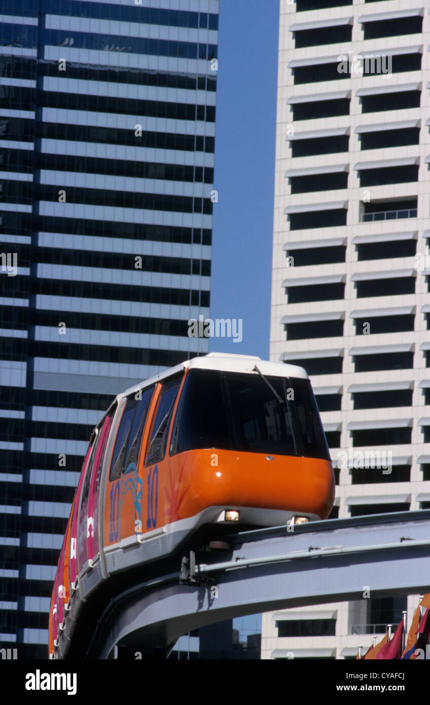 Australia, Sydney, darling harbour monorail and high rise city backdrop