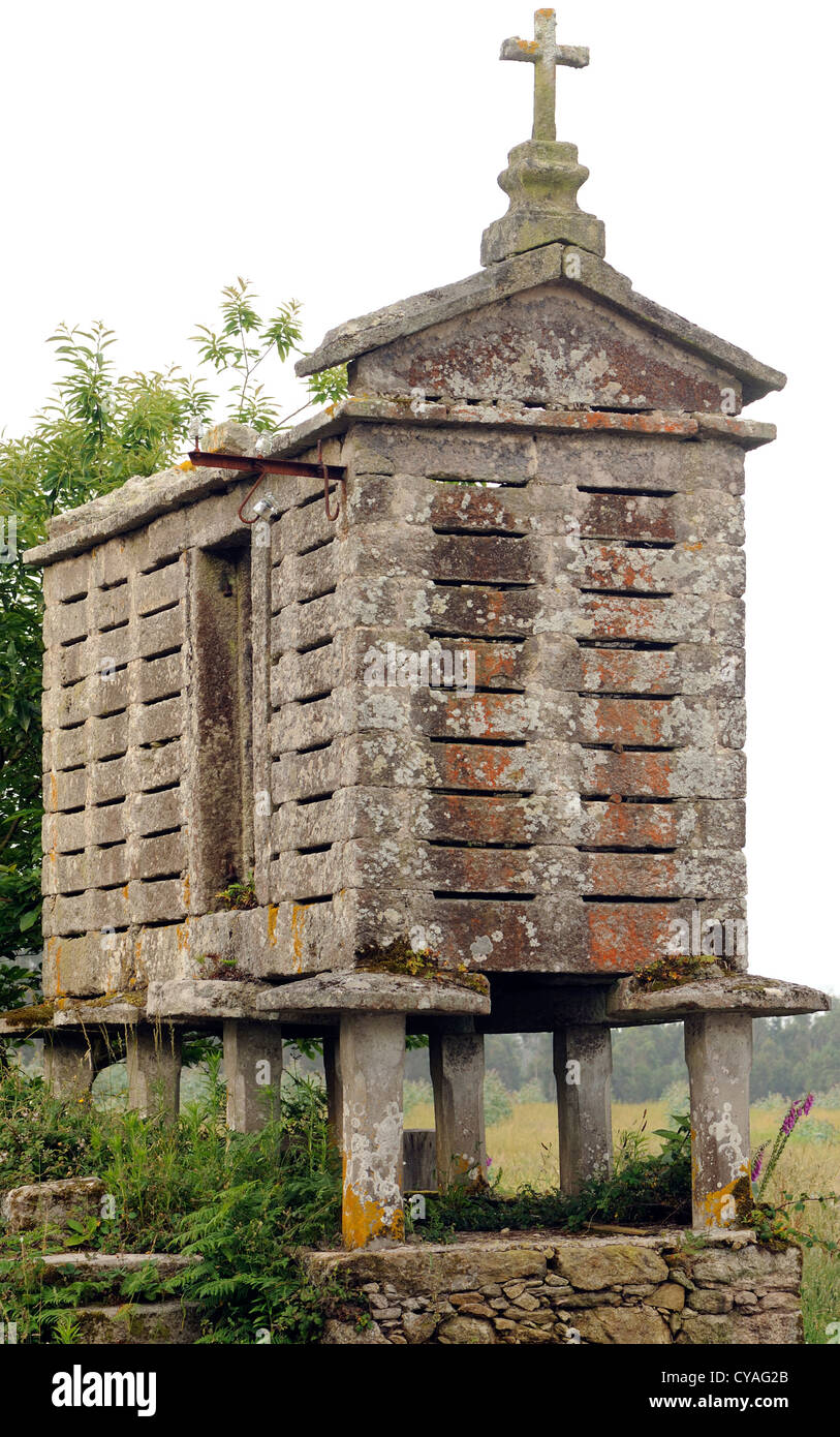 An horreo, a traditional north-western Spanish  grain store in the Galician style, This granary is made from stone and is raised Stock Photo