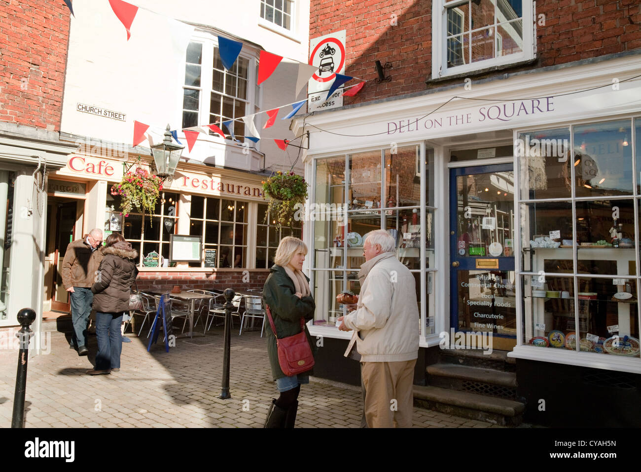 Street scene in Ludlow town centre center on the edge of Castle Square