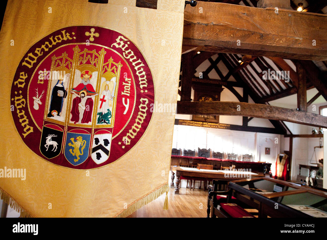 The courtroom, interior of the medieval Guildhall building, Much Wenlock, Shropshire UK Stock Photo