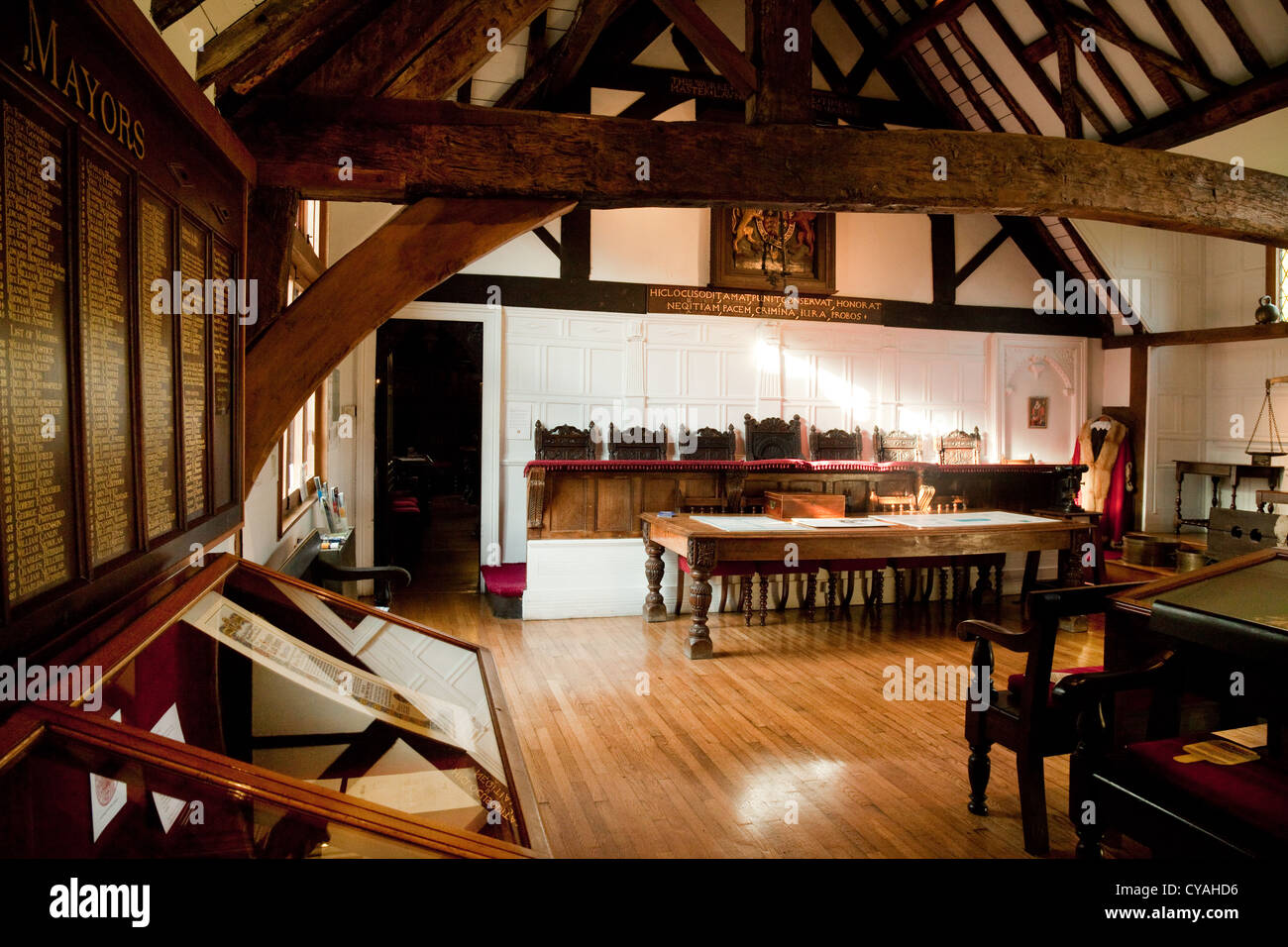 The interior of the medieval 16th century Guildhall building, Much Wenlock, Shropshire UK Stock Photo