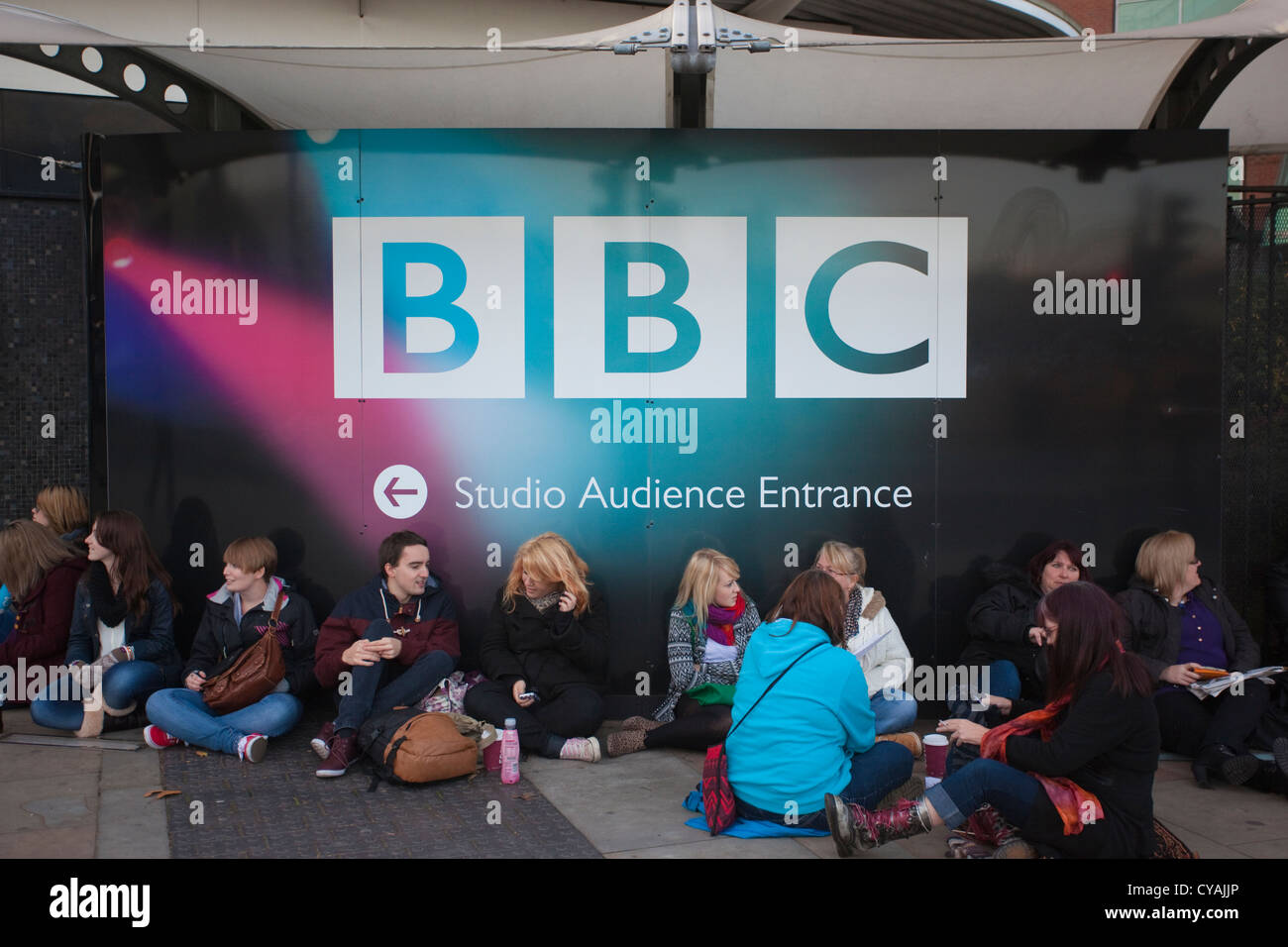 People queuing outside BBC British Broadcasting Corporation, Wood Lane