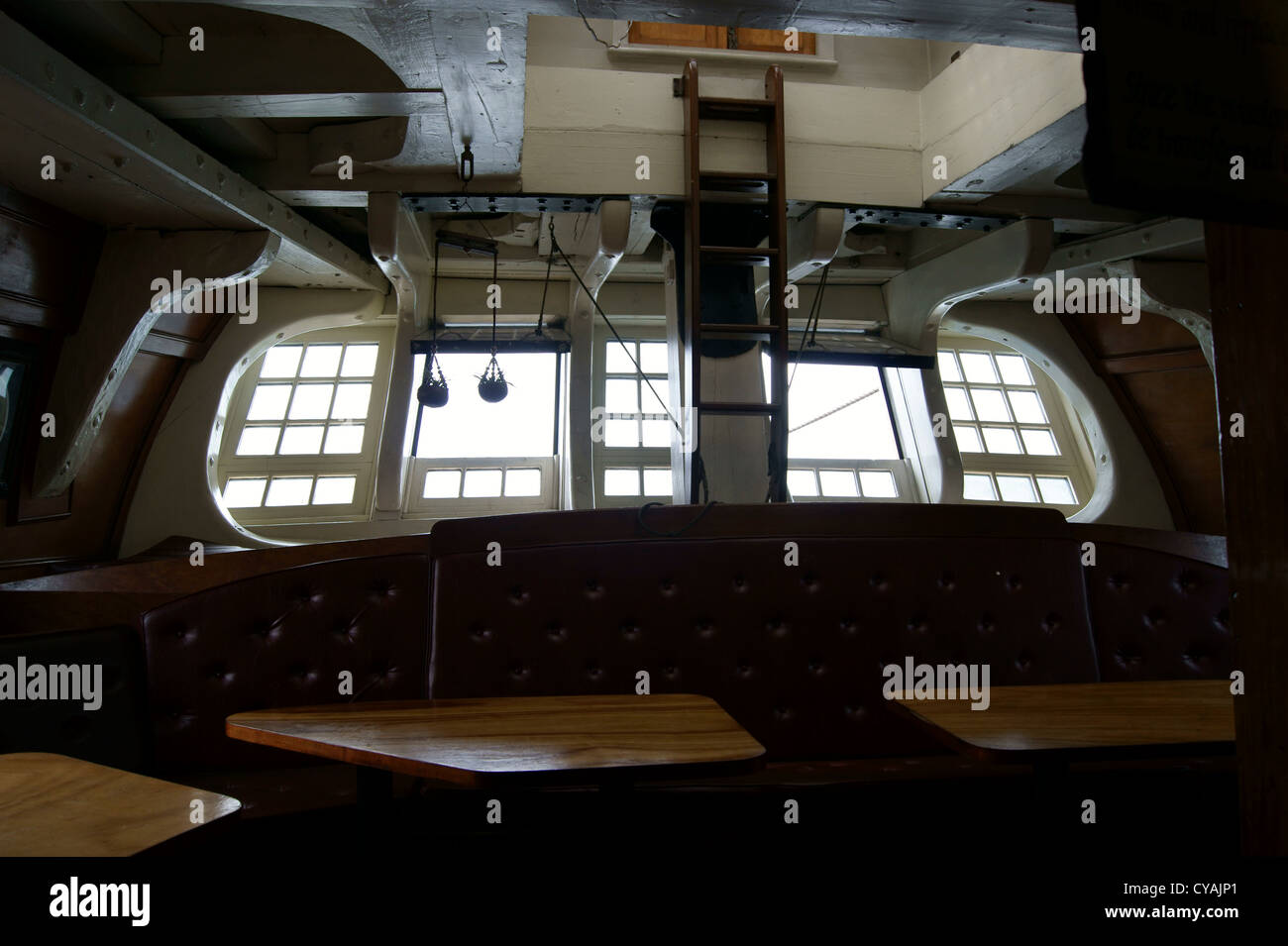 Interior looking out the stern window of the HMS Bounty, a tall ship which sank during Hurricane Sandy, October 20, 2012. Stock Photo