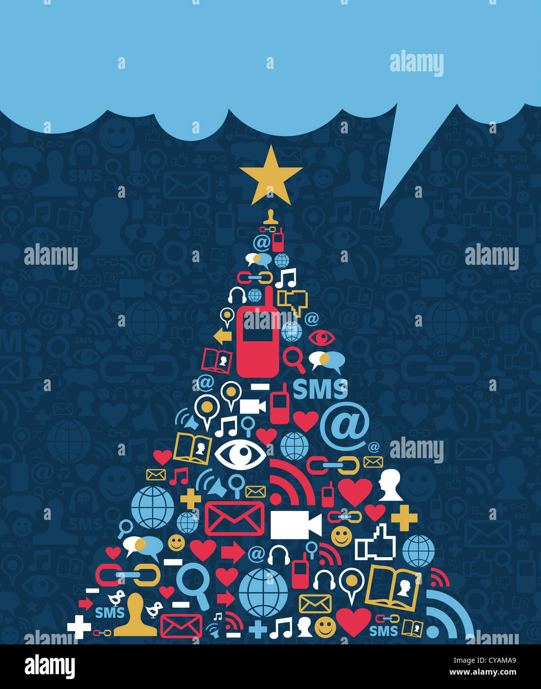 Social media networks icon set in Christmas pine tree greeting card background. Vector illustration layered for easy manipulation and custom coloring. Stock Photo