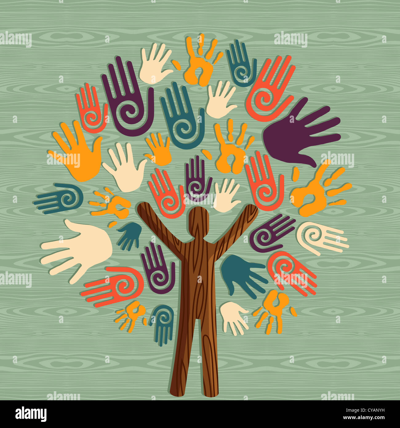 Global diversity man as trunk tree hands illustration. Vector file layered for easy manipulation and custom coloring. Stock Photo