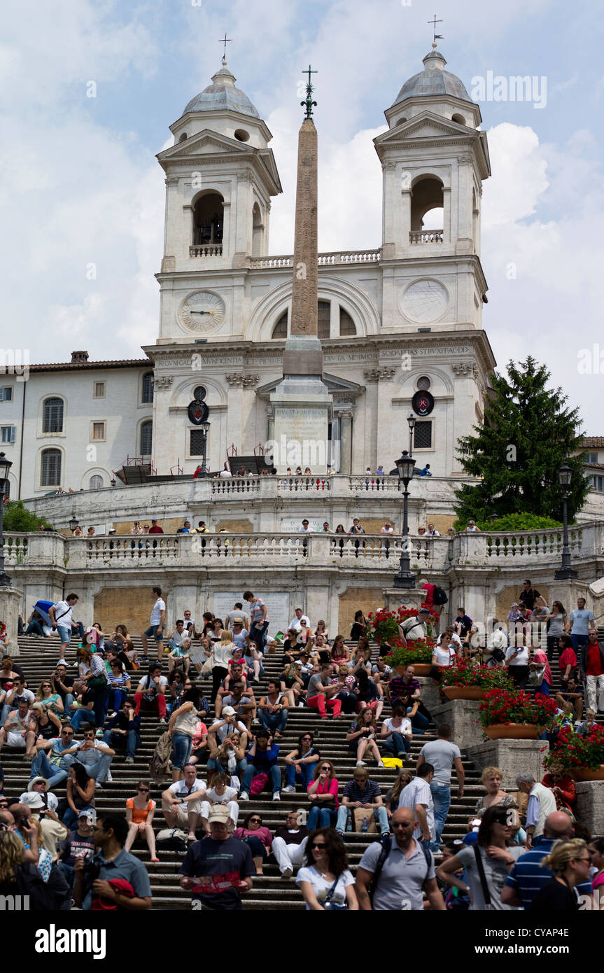 TRINITA DEI MONTI, OBELISK (2ND C AD) & SPANISH STEPS AT SUNSET, PIAZZA DI SPAGNA, ROME Stock Photo