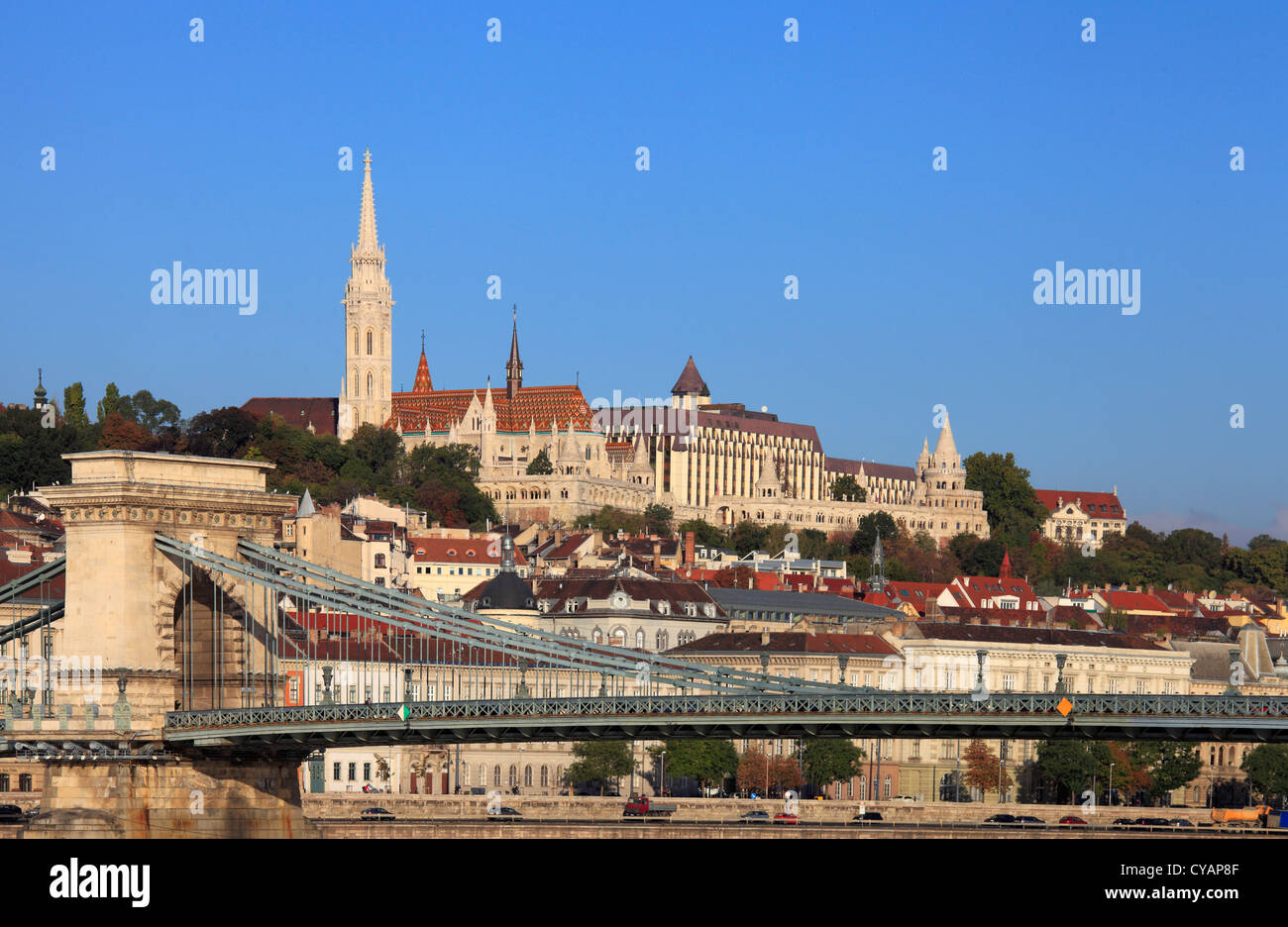 Hungary, Budapest, Chain Bridge, Castle District, skyline, Stock Photo