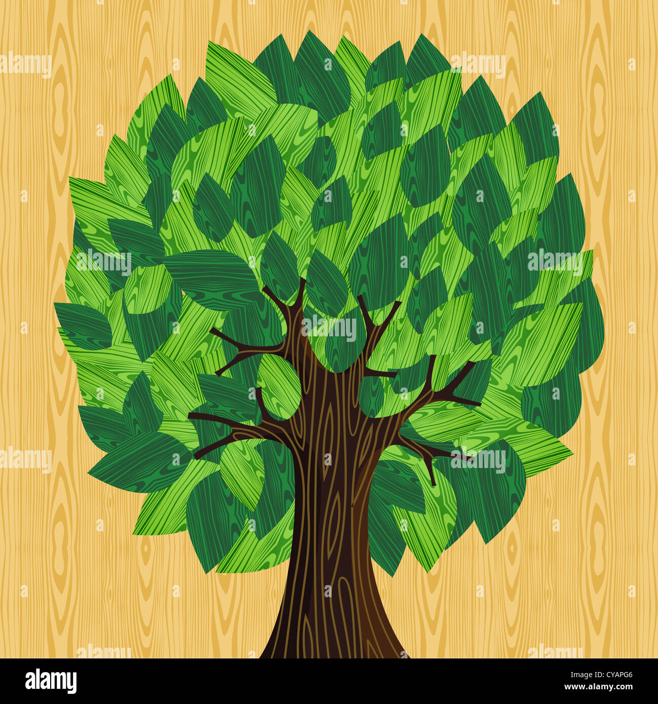 Eco friendly tree with green wooden leaves illustration. Vector file layered for easy manipulation and custom coloring. Stock Photo