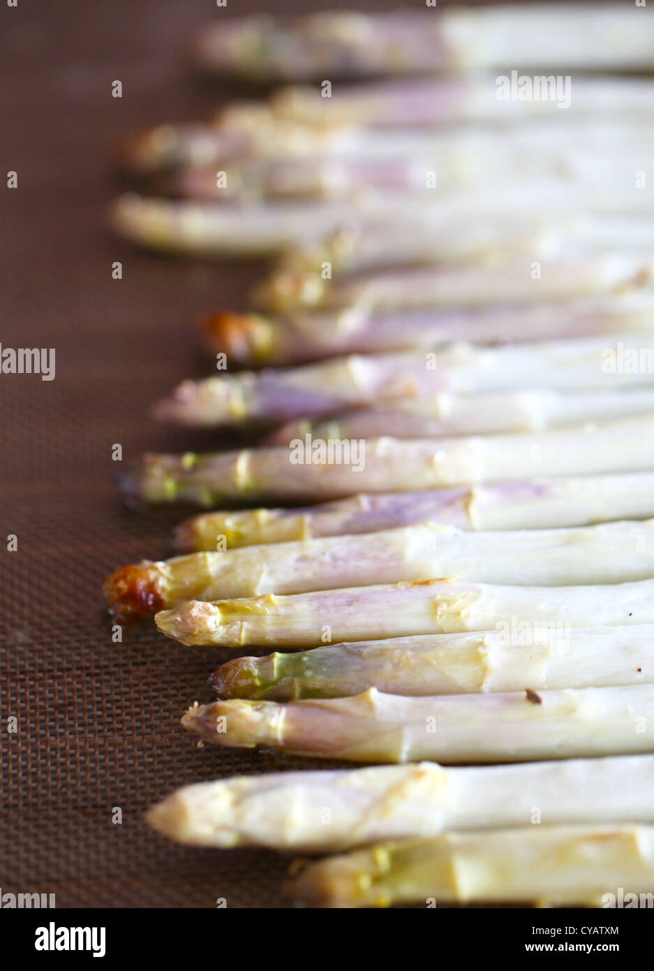White asparagus tips on a cutting board, detail Stock Photo