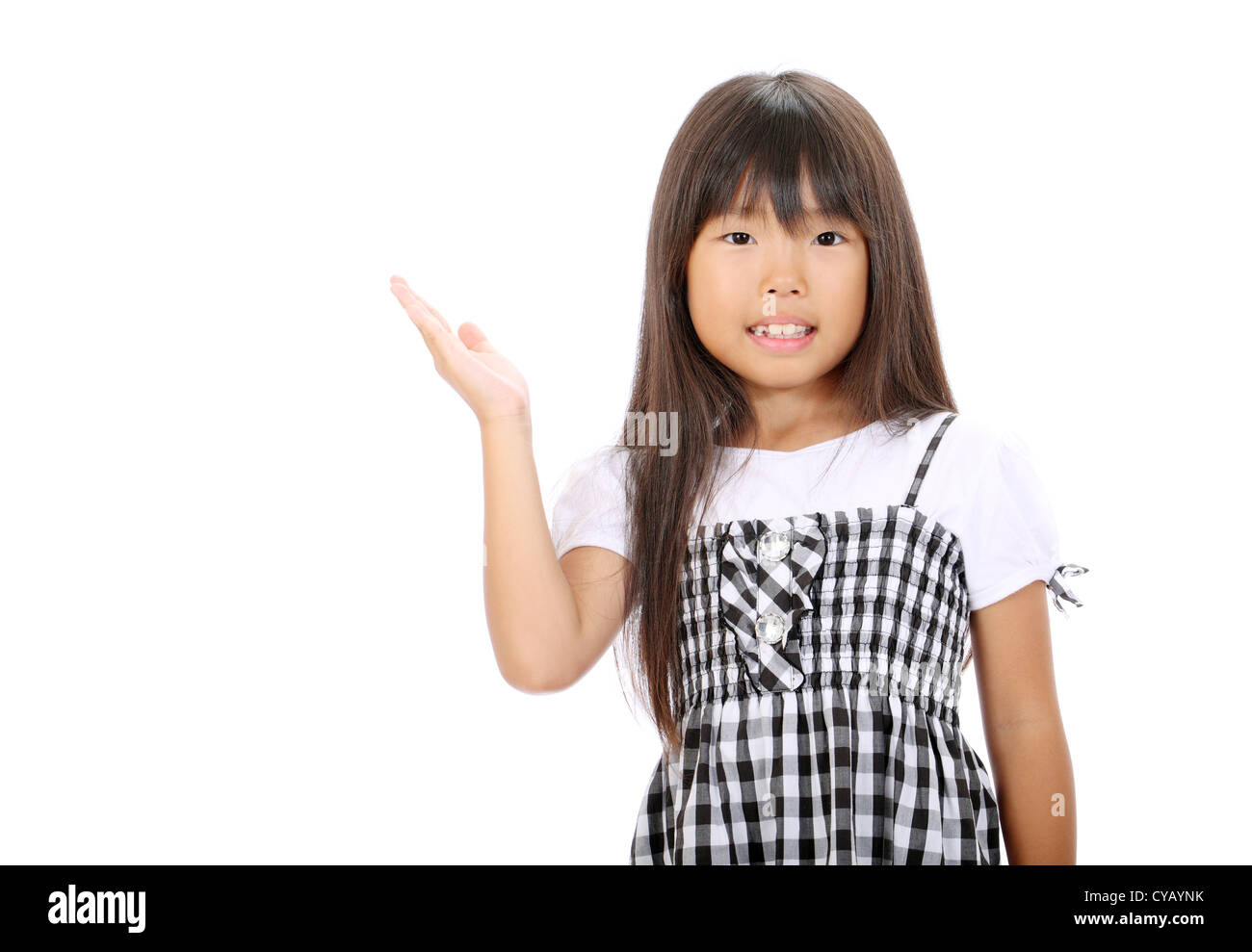 Smiling little asian girl hand showing blank sign Stock Photo - Alamy