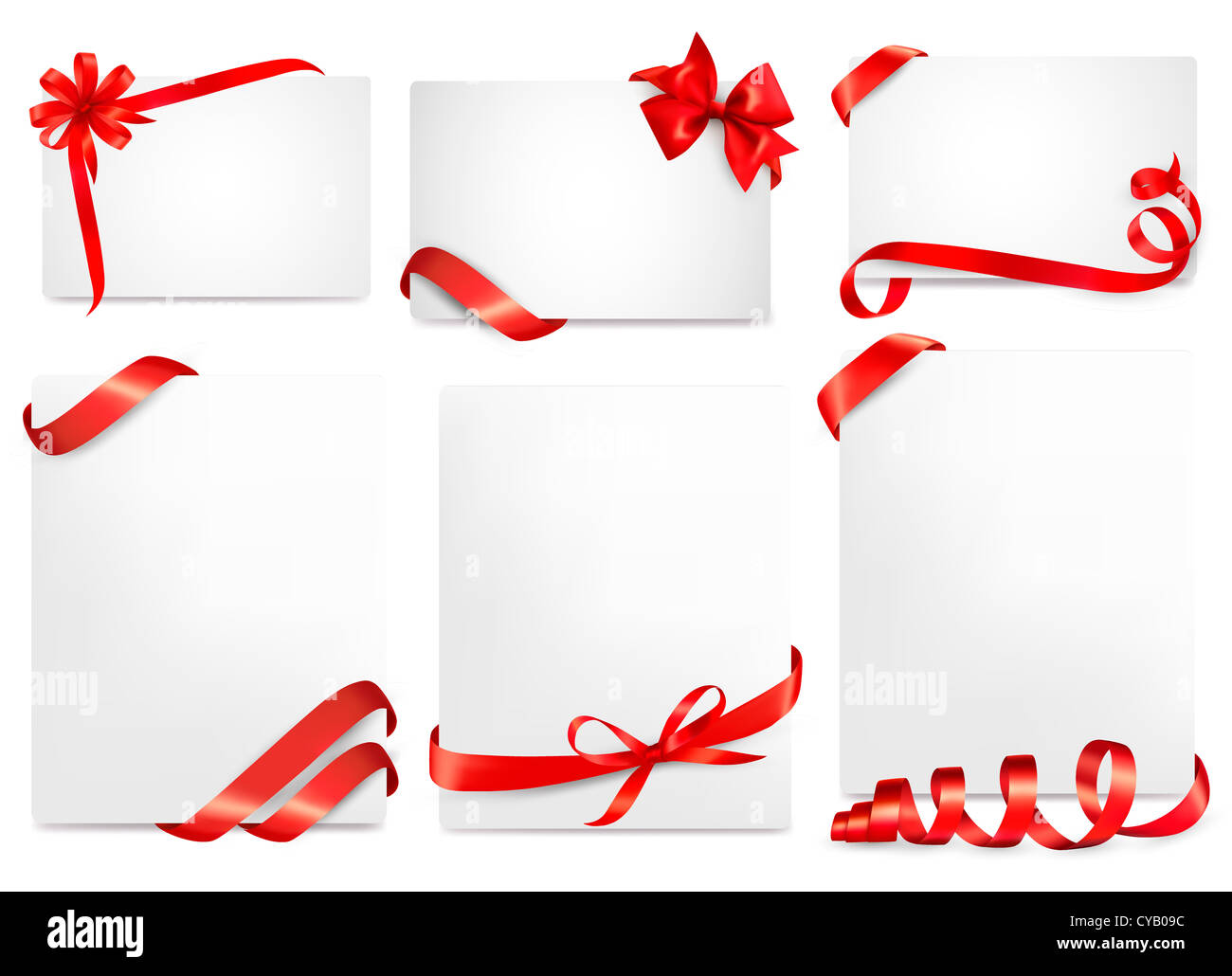 Set of card note with red gift bows with ribbons Stock Photo - Alamy