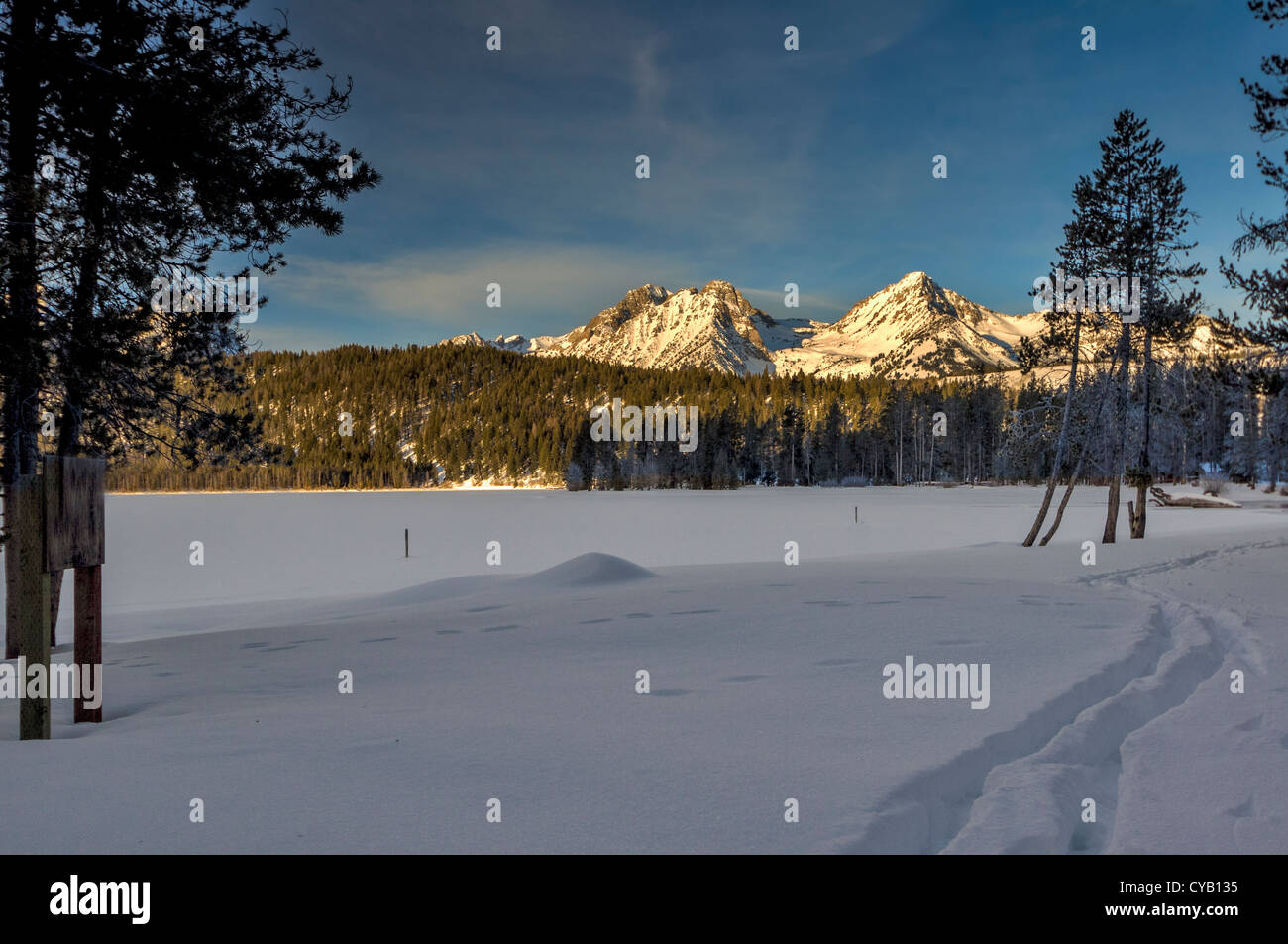 Snow covered lake with ski trails winter Stock Photo