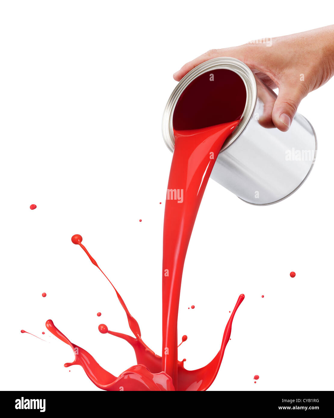 pouring red paint from its bucket creating splash Stock Photo Alamy