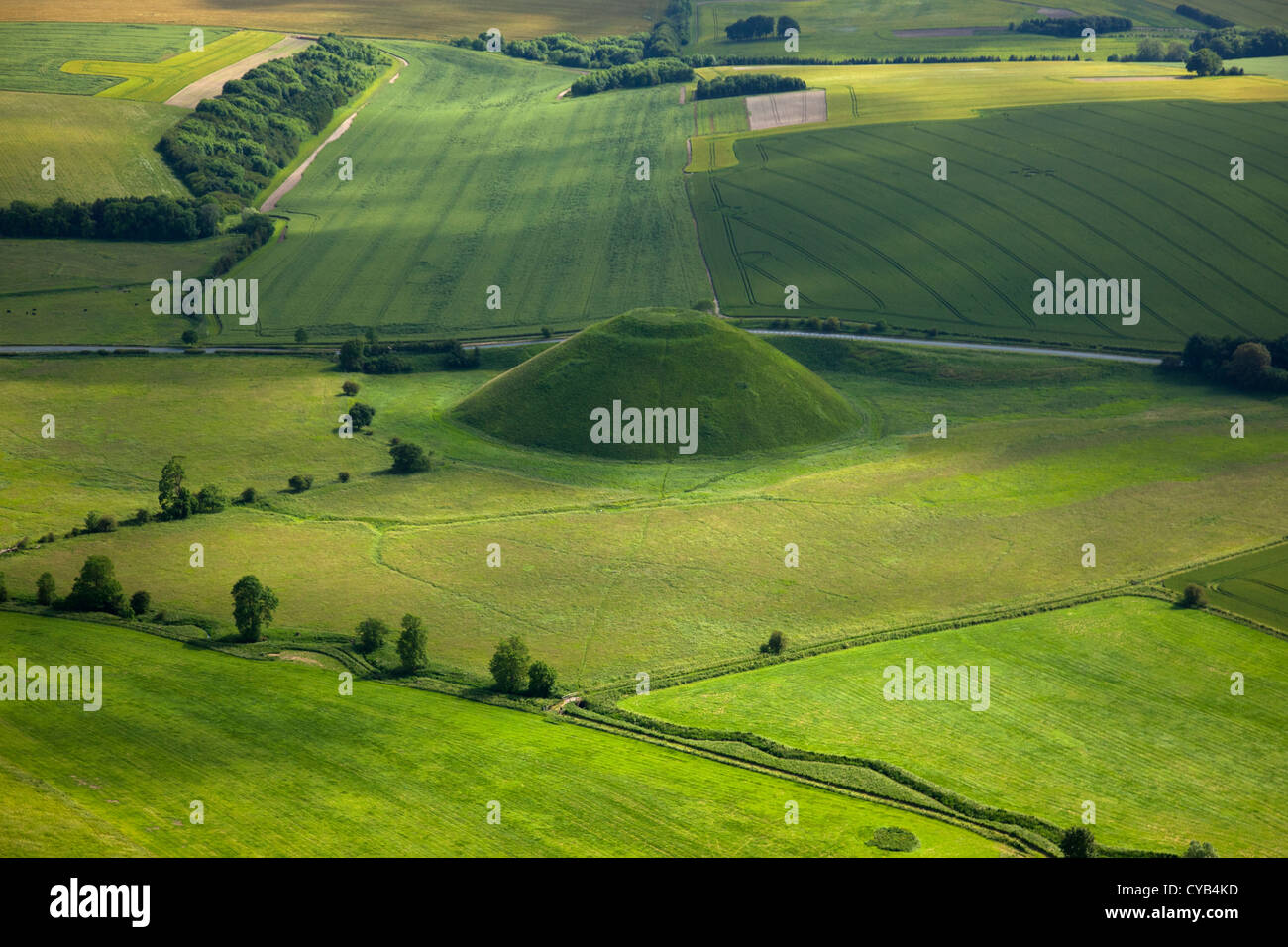 Aerial view of Silbury Hill Neolithic bronze age man made mound, Avebury, Wiltshire, England Stock Photo