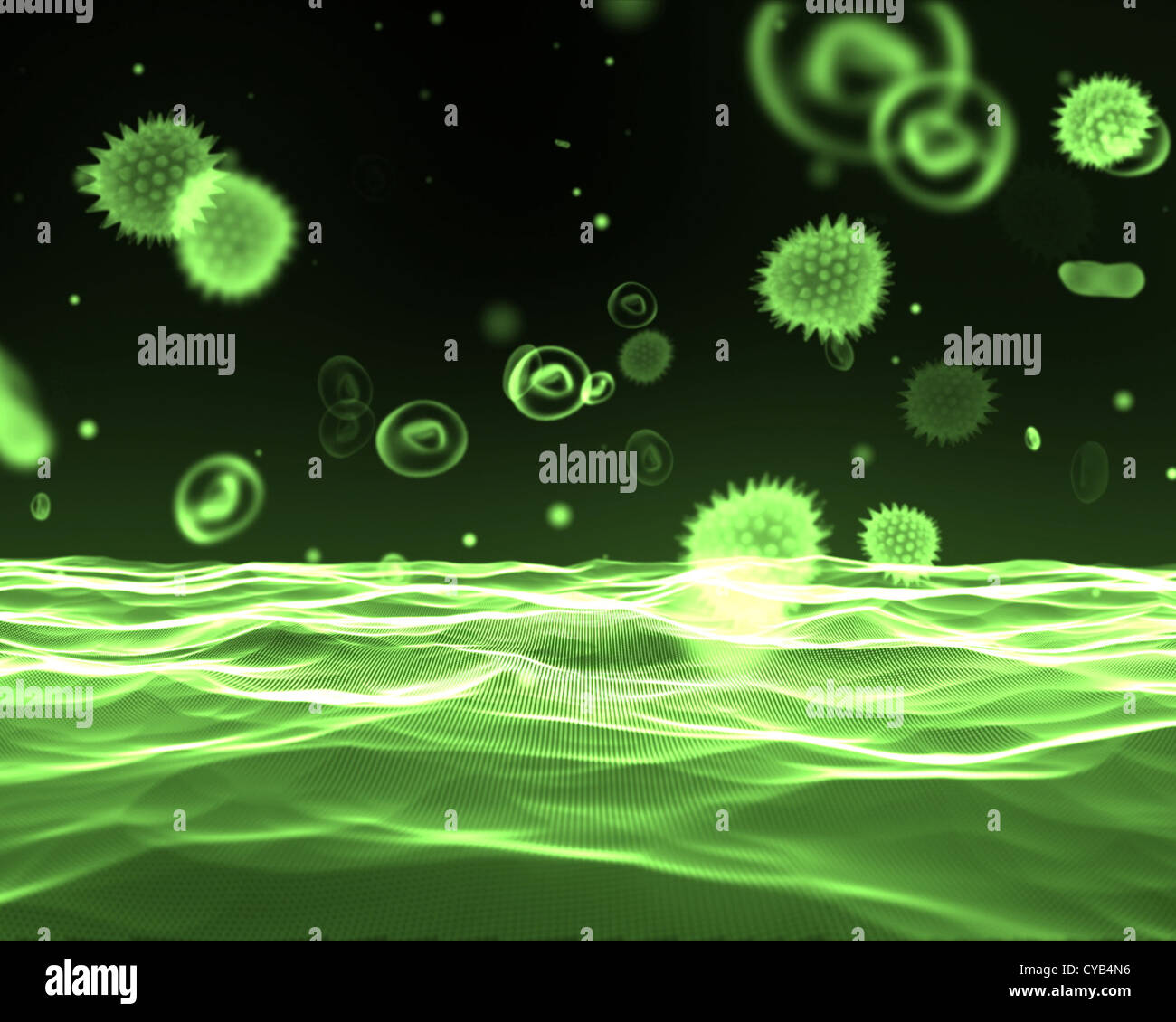 Green virus flowing through bloodstream Stock Photo