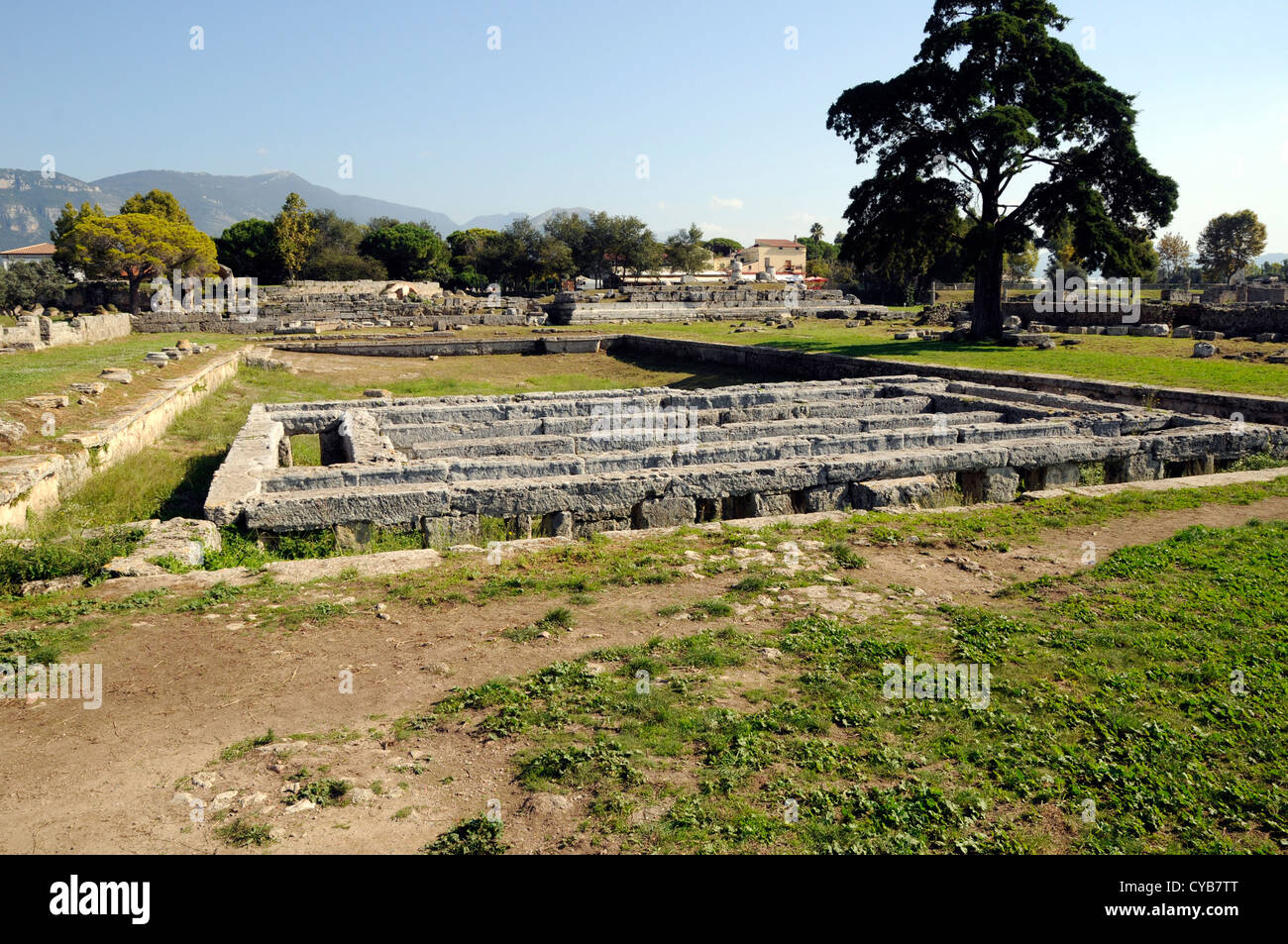 The Roman remains of the gymnasium and swimming pool of Paestum, south of Naples. Stock Photo