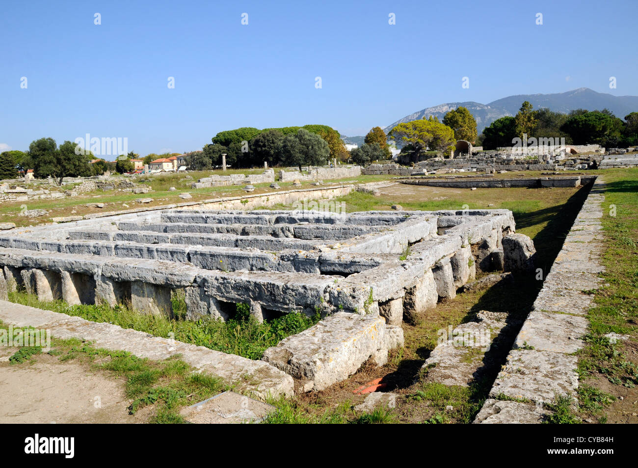 The Roman remains of the gymnasium and swimming pool of Paestum, south of Naples. Stock Photo