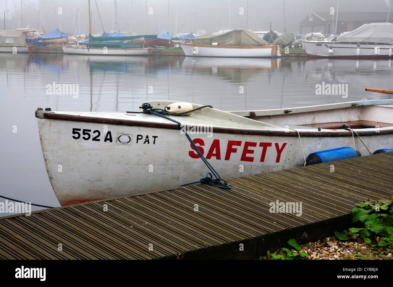 A safety boat moored on the Norfolk Broads at Barton Turf, Norfolk