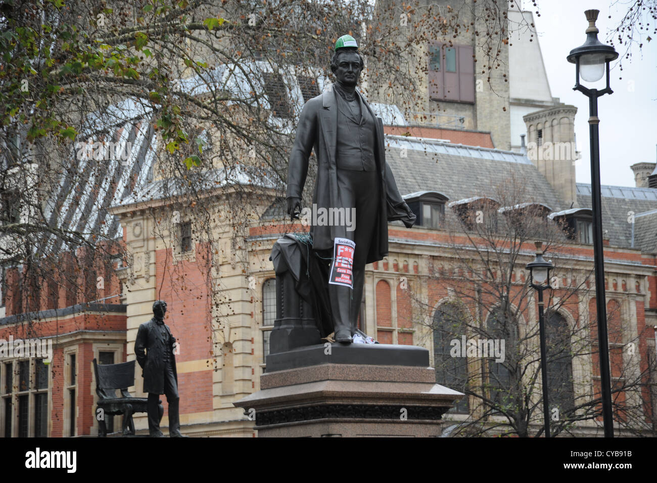 Statue in Parliament Square after student protest marches Stock Photo