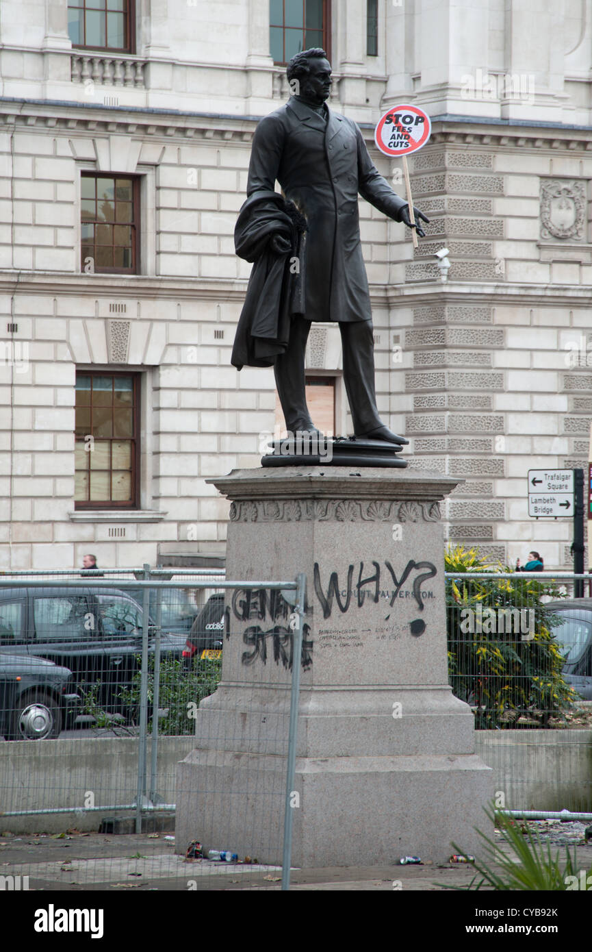Statue in Parliament Square after student protest marches Stock Photo