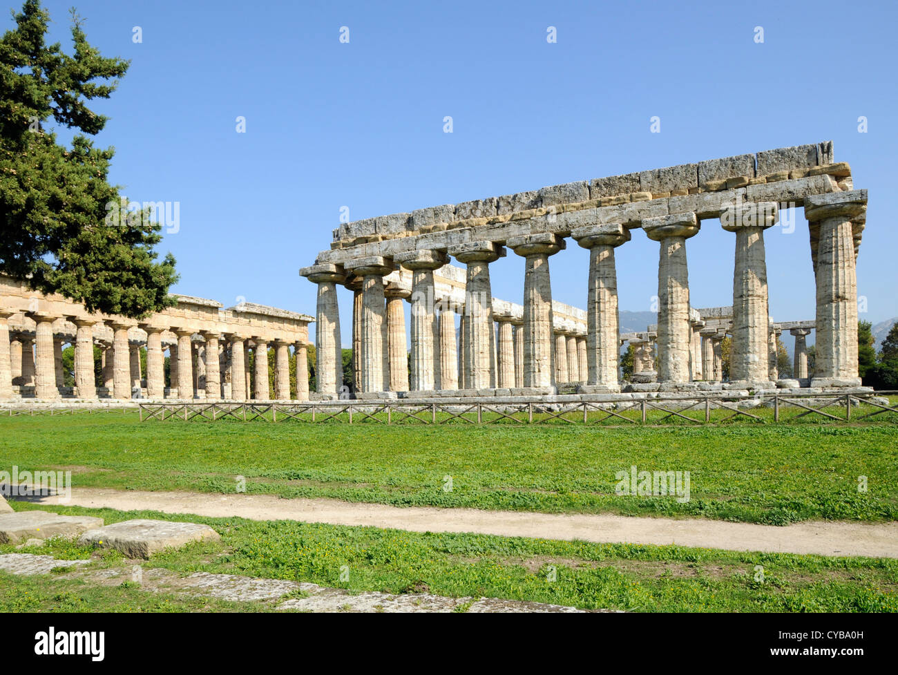 Temple of Hera (aka the Basilica), 530 BC, Temple of Neptune in background.Paestum, south of Naples. Stock Photo