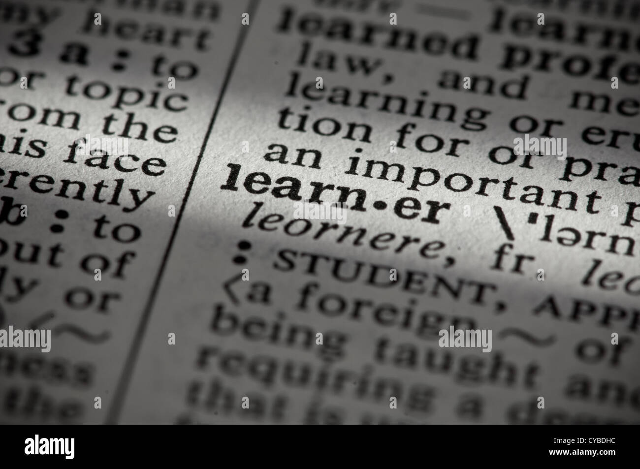 Closeup of a page in an English dictionary with the word "learner