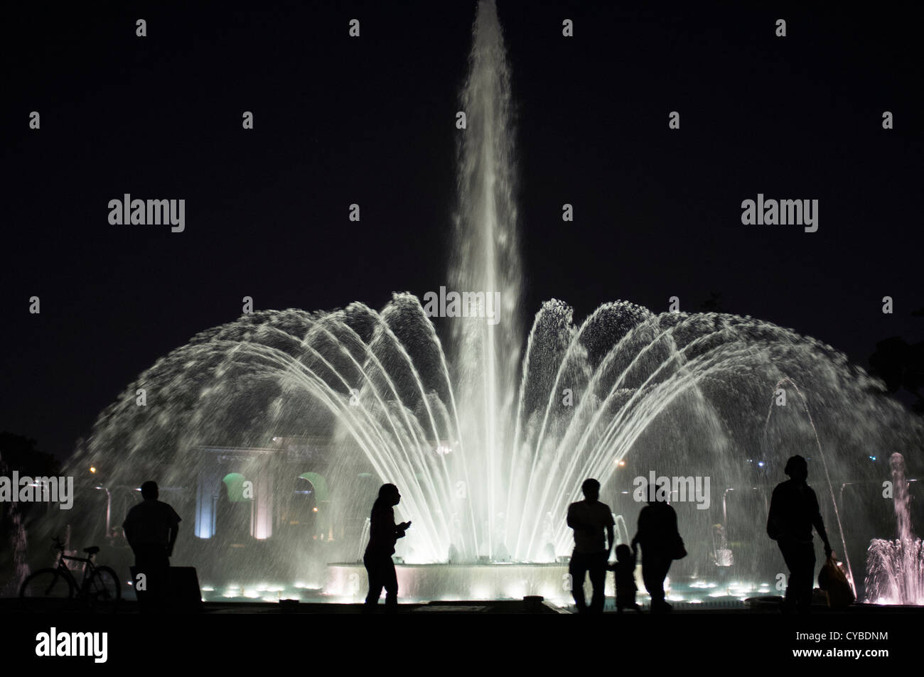 El Circuito Magico de Agua.  Extravagently illuminated fountains at the Magic Water park. Lima, Peru. Stock Photo