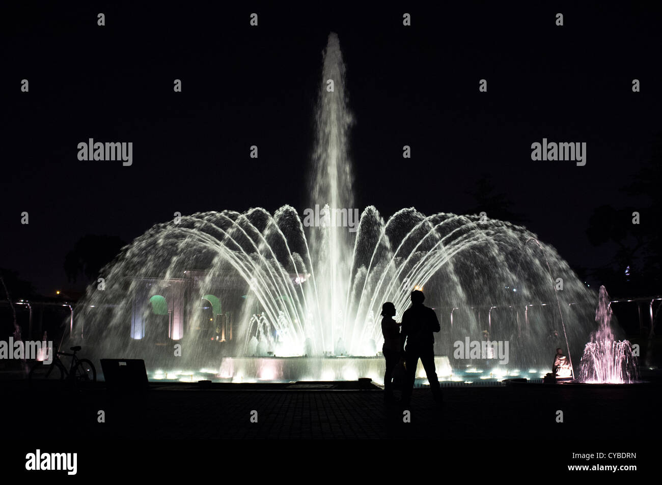 El Circuito Magico de Agua.  Extravagently illuminated fountains at the Magic Water park. Lima, Peru. Stock Photo