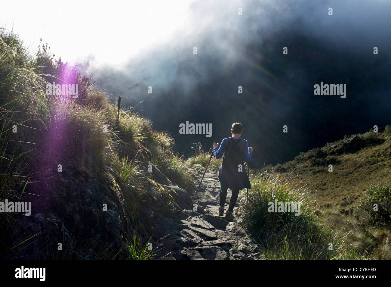 Tourist on the Inca Trail on the journey to Maccu Picchu. Peru. Stock Photo