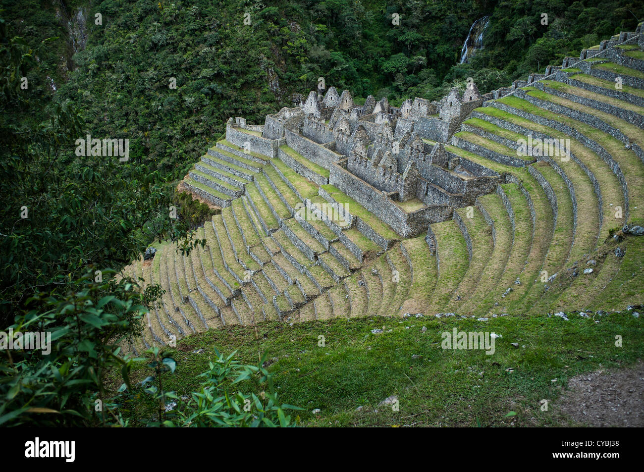 Inca Terraces and the ruins at Winay Wayna. The Inca Trail on the way to Maccu Picchu. Peru. Stock Photo