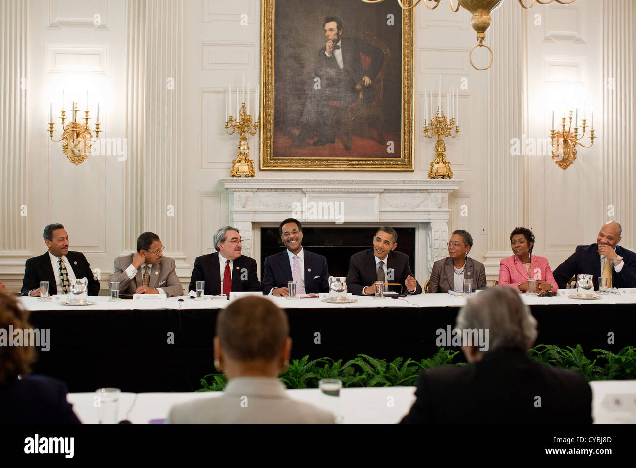US President Barack Obama meets with the Congressional Black Caucus May 12, 2011 in the State Dining Room of the White House Stock Photo