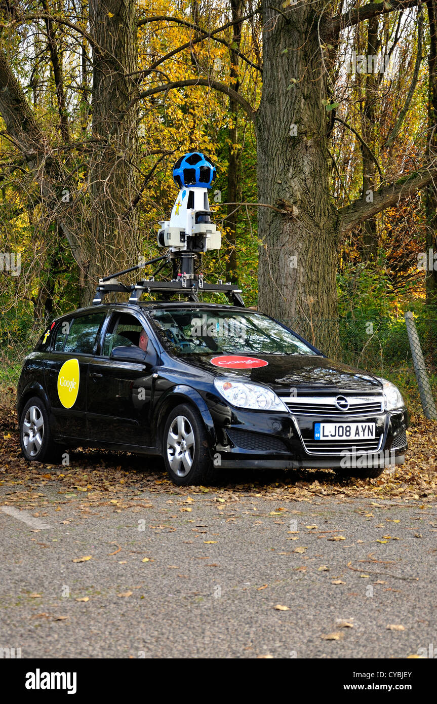 Black Google car with roof mounted camera equipment in car park Stock Photo
