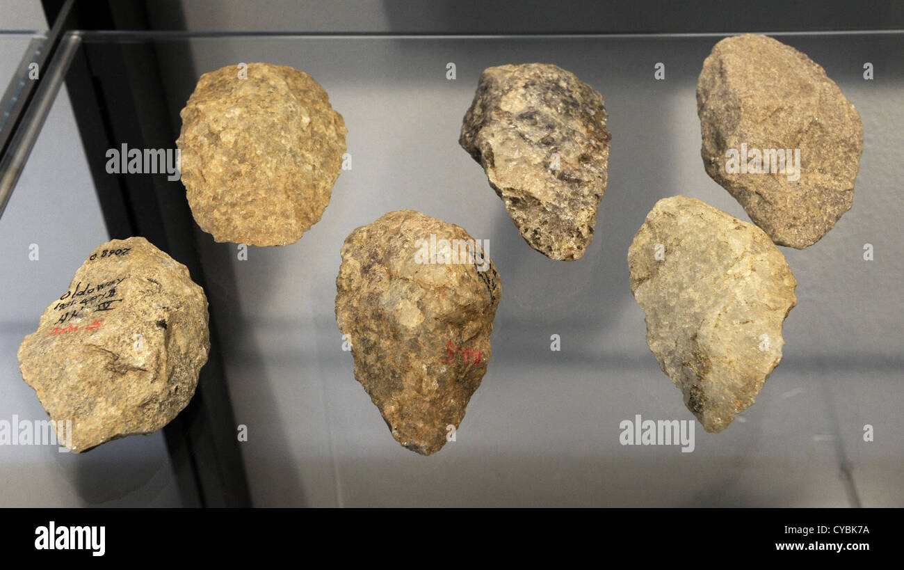 Hand axes. Culture of Homo erectus, know as Acheulian Culture. 1500000-200000 BC. Lower Paleolithic. Stock Photo