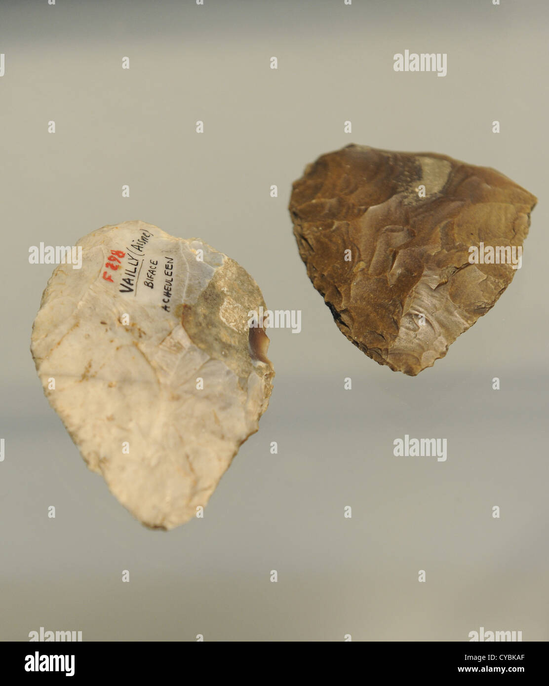 Hand axes of flint. Aisne Valley, France. Mousterian Culture. 100000-40000 BC. National Museum of Denmark. Copenhagen. Denmark. Stock Photo