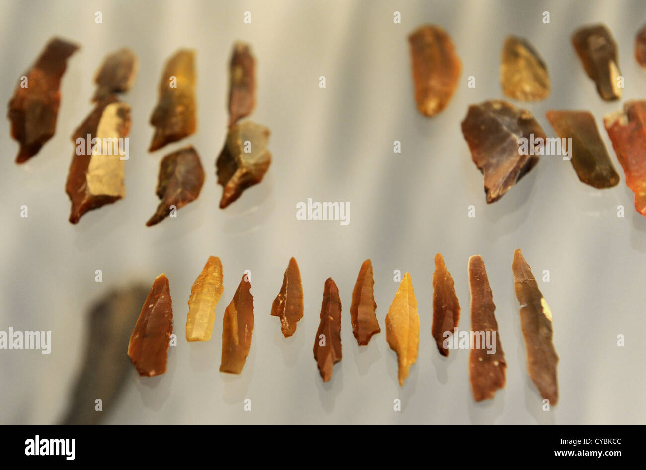 Lithic industry. Tools used by reindeer hunters. From the camp at Solbjerg, Lolland. Ahrensburg Culture. Mesolithic. Stock Photo