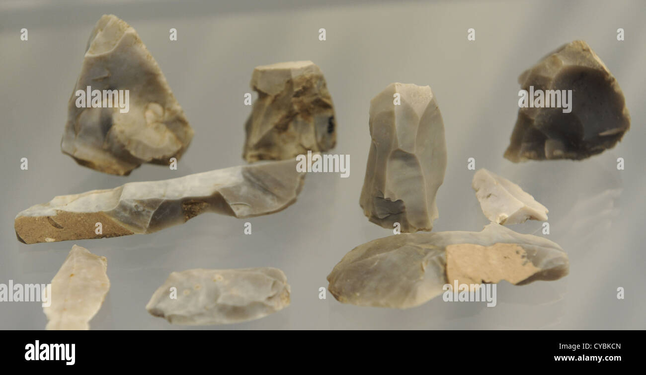 Flint tools used by reindeer hunters. From the camp at Solbjerg, Lolland. Ahrensburg Culture. Mesolithic. Stock Photo
